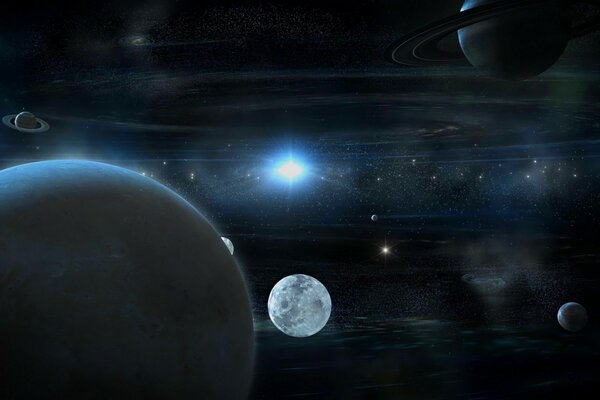 There are many planets in space. There is a bluish light in the middle