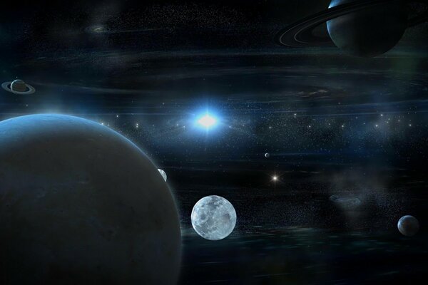 Wiele planet w kosmosie. W środku niebieskawe światło