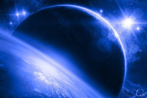 A planet with a blue light and a star