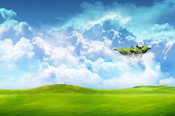 Un campo verde infinito con una isla voladora