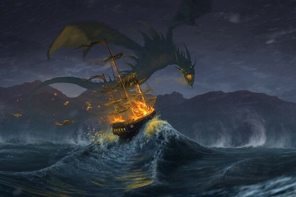 Der Drache arrangiert ein Feuer im Meer