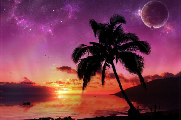 Hermosa puesta de sol en la playa con palmeras