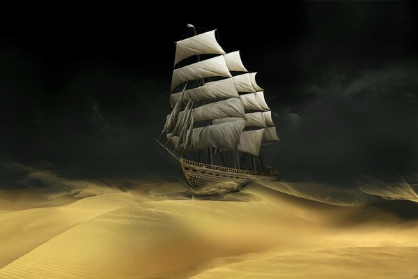 Sailing ship in the desert sands