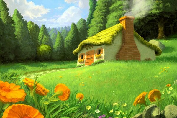 Drawing of a hut on a background of greenery