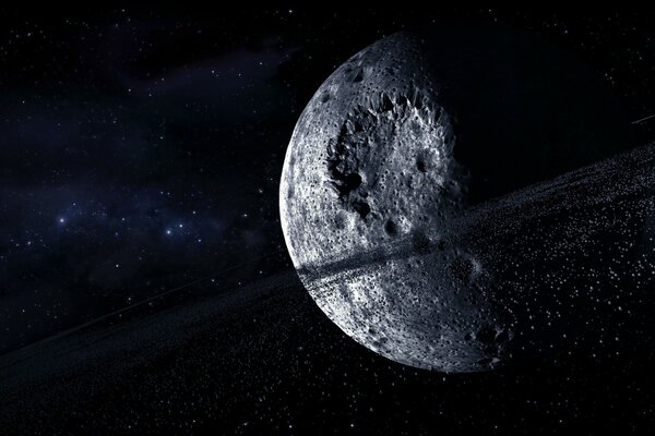 Planeta sin vida rodeado de asteroides