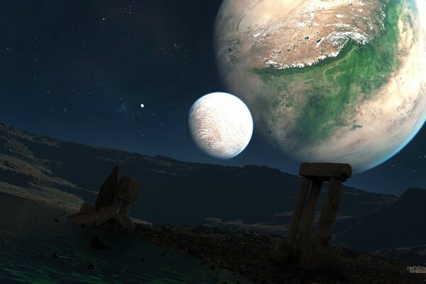A planet on the background of the sky and satellites near the ruins