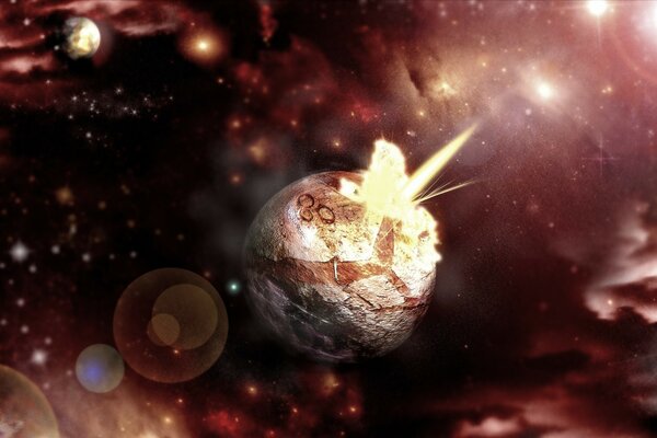 The planet explodes in space against the background of other planets and nebulae