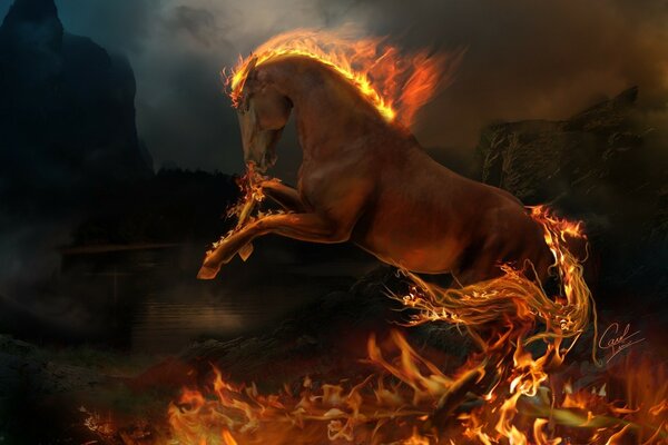 Beautiful horse on fire on a dark background