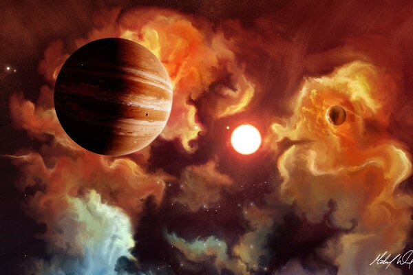 Un pianeta fantastico sullo sfondo di una nebulosa arancione