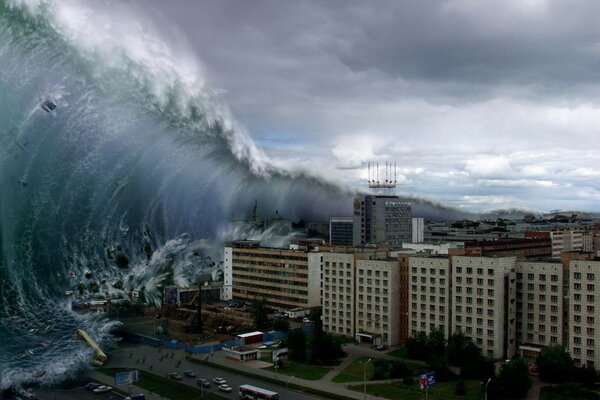 Ein riesiger Tsunami kommt auf die Stadt zu