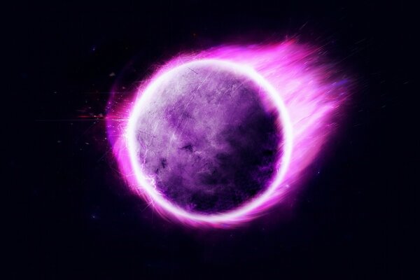 A planet with a purple glow on a black background. Fantasy