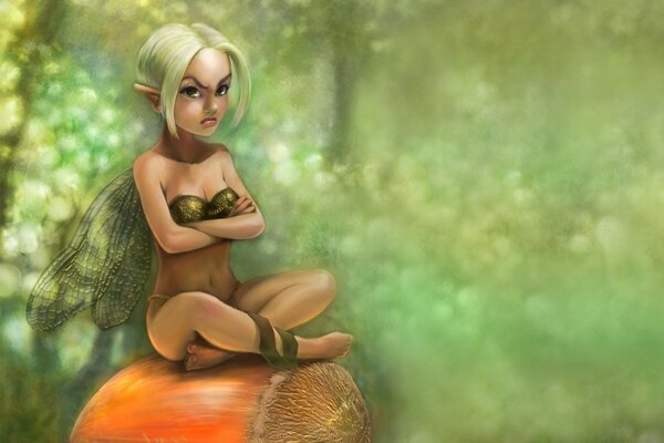 A little angry fairy is sitting on an acorn