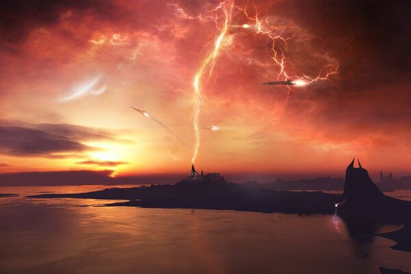 Lightning strike. Scarlet sky