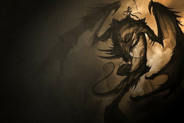 Art with a dragon and a rider in the dark