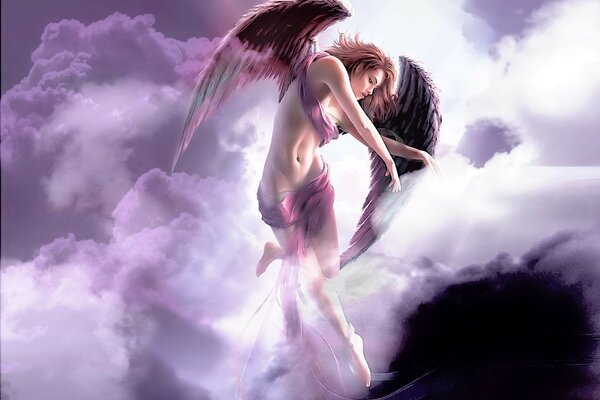 Hermosa imagen de ángel chica flotando en las nubes