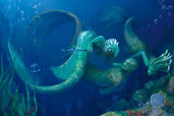 Mythical mermaids at the bottom of the sea