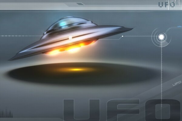 Drawing of a flying saucer and the letters UFO at the bottom