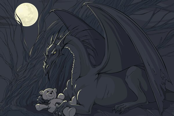 A dragon with a teddy bear in its paws