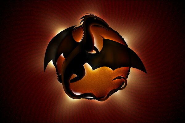 Art glowing orange circle with a dragon silhouette