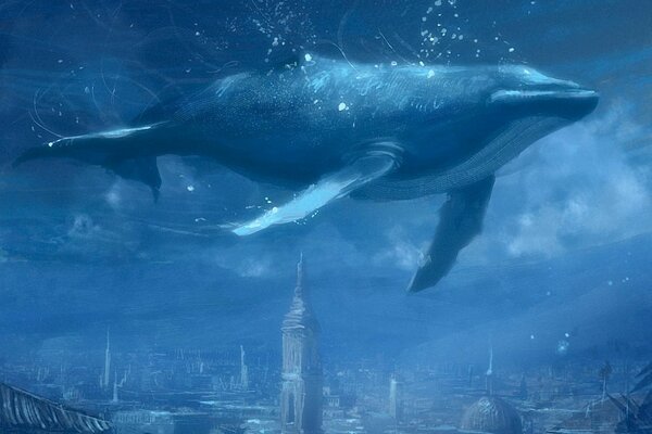 A huge blue whale swims over a sunken city