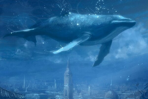 Огромный синий кит плывет над затонувшим городом