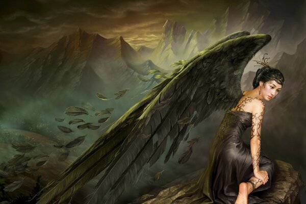 Ángel con alas en un vestido junto a la montaña