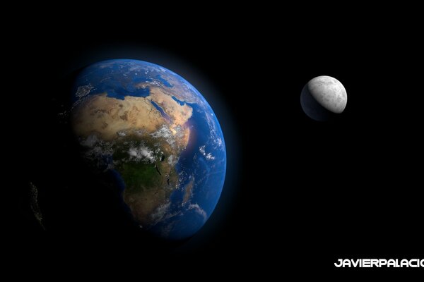 Image de la planète terre et son satellite de la lune sur fond noir