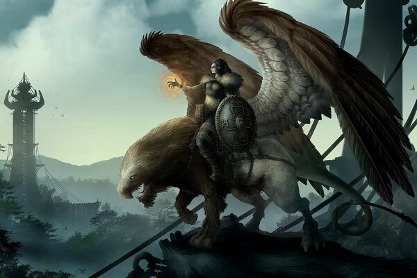 Fantasy art with a warrior riding a winged monster