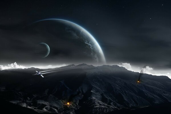 A planet in the night sky and flying planes