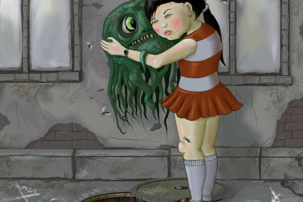 Drawing of a girl hugging a monster