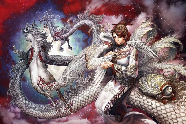 Beautiful fantasy of a girl and a dragon