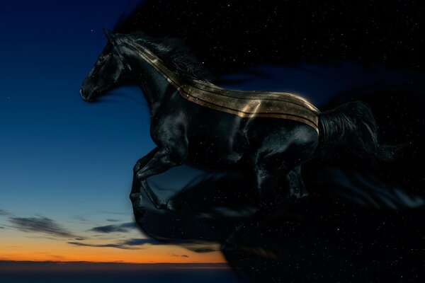 Cavallo nero che corre attraverso il cielo notturno