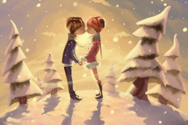 Целующаяся пара в зимнем пейзаже