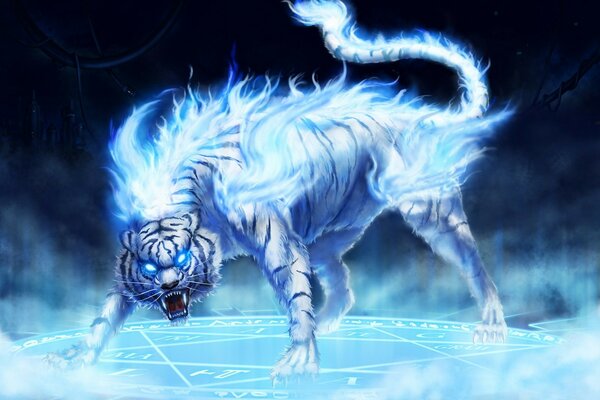 Фантастический синий тигр с огнём