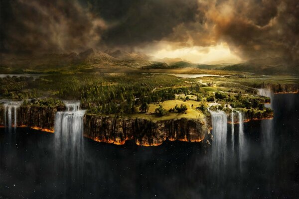 Wasserfälle am Rand der Erde. Fantasy