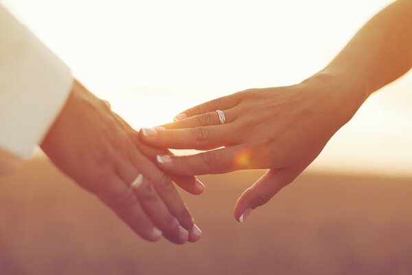 Coppia di mani da uomo e da donna con anelli di fidanzamento