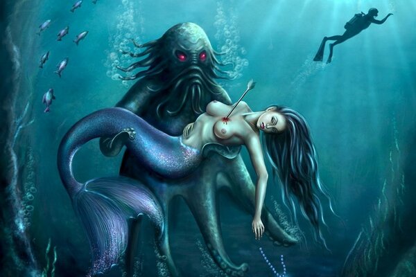 A sea monster holds an injured mermaid