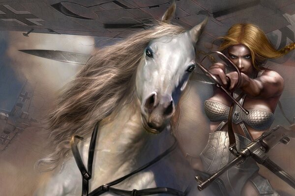 Fantasy girl warrior on horseback