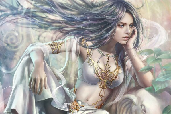 Fantasy. A beautiful priestess girl. The wind blows your hair