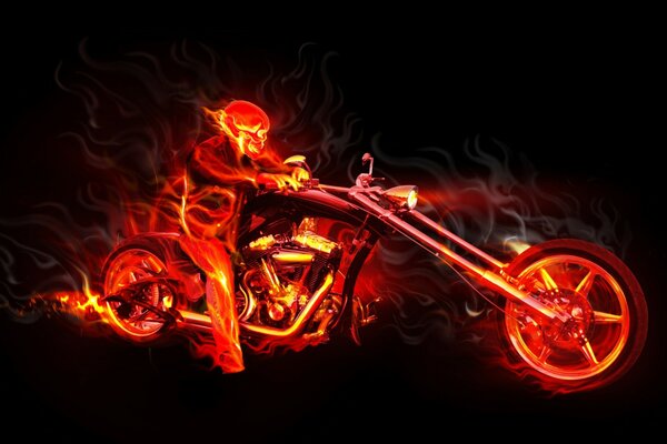 A picture of a motorcyclist on a fiery bike