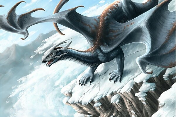 Фантастический дракон в горах зимой