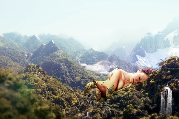 Beauté irréelle des montagnes avec une fille endormie