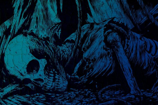 Синий мрачный рисунок с черепом и скелетом