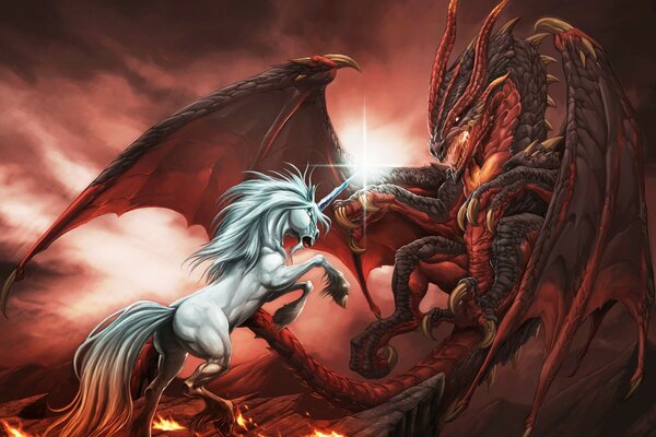 Picture of a unicorn fight with a dragon