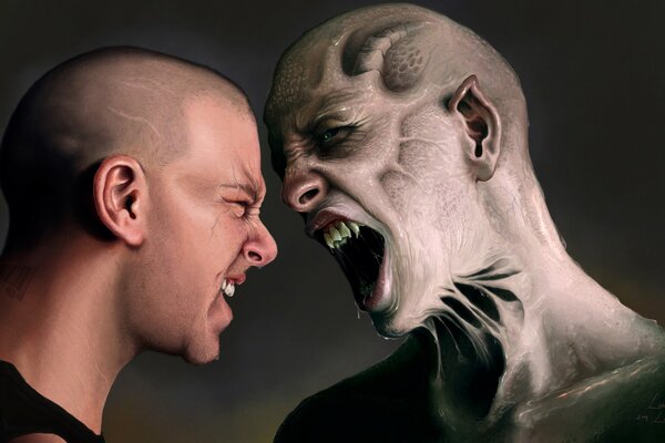 Konfrontation zwischen Mann und Monster