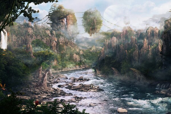 Fantasy Art Rysunek rzeka w lesie