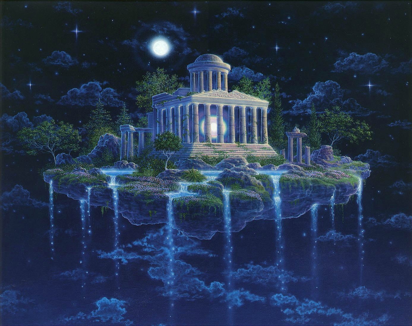 notte isola cielo stelle cascata gilbert williams luna tempio