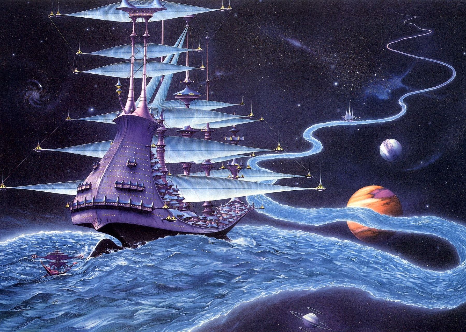 rodney matthews flux d éther rivière voyage mondes navire planètes étoiles