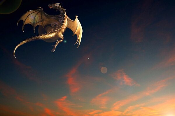 Fantasia, volo del drago nel colore del tramonto