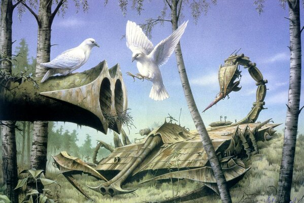 Мир в лесу для белых голубей